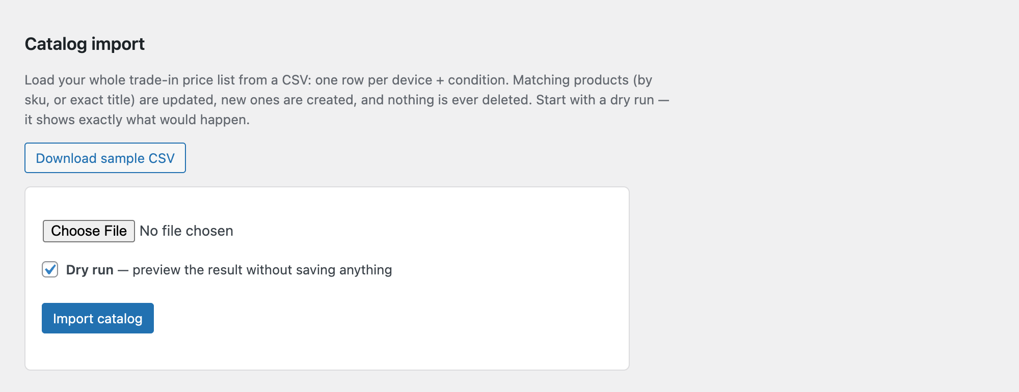 The catalog CSV import screen with a dry-run preview