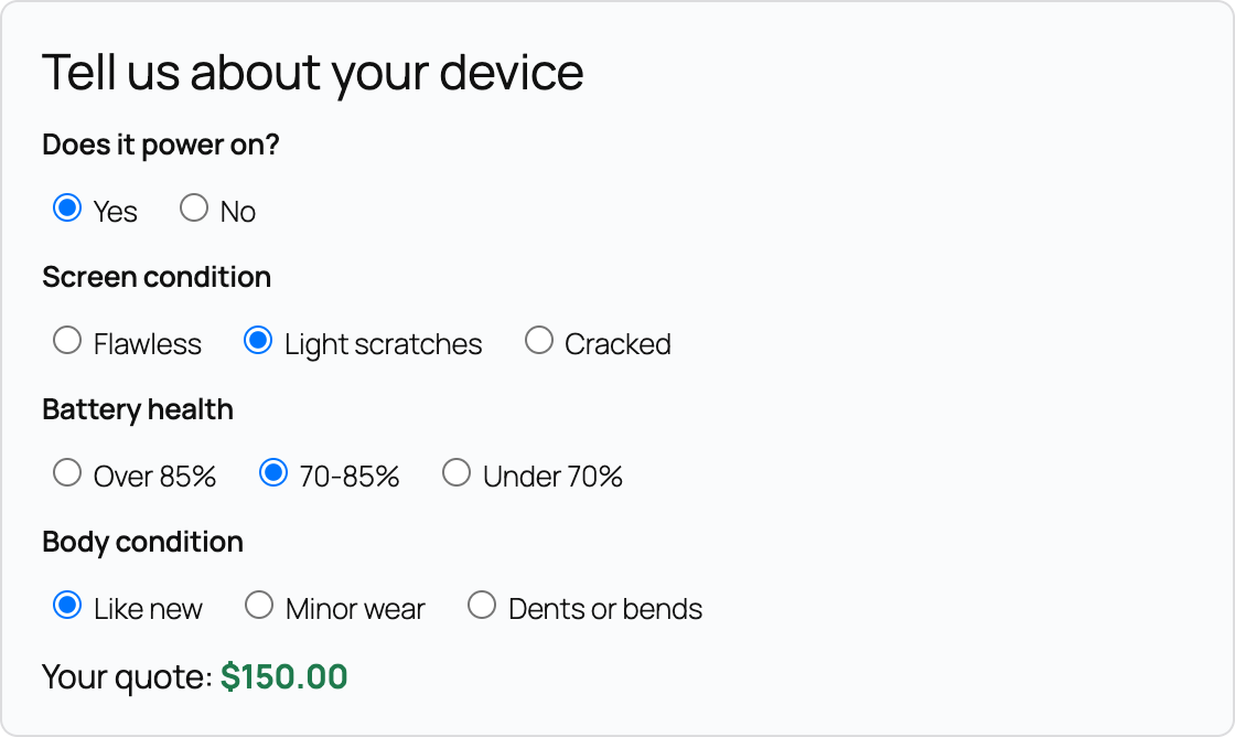 The condition quiz on a product page, showing a live quote of $150