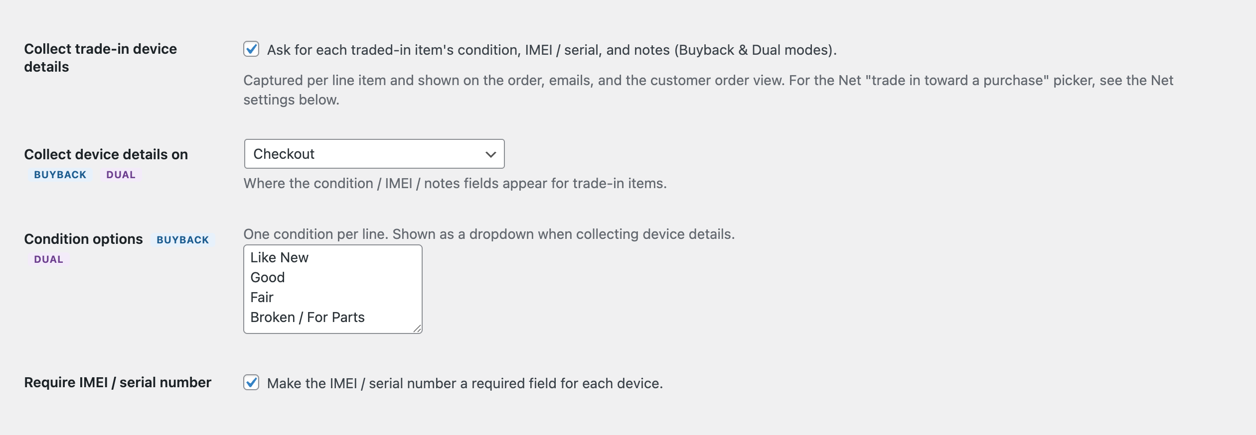 Device details capture settings for condition, IMEI and notes