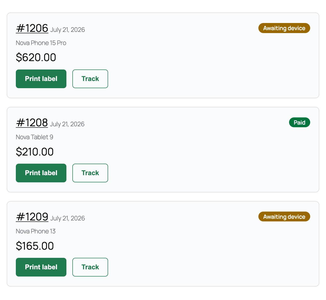 The My Trade-ins account tab showing three trade-ins with status chips and label buttons