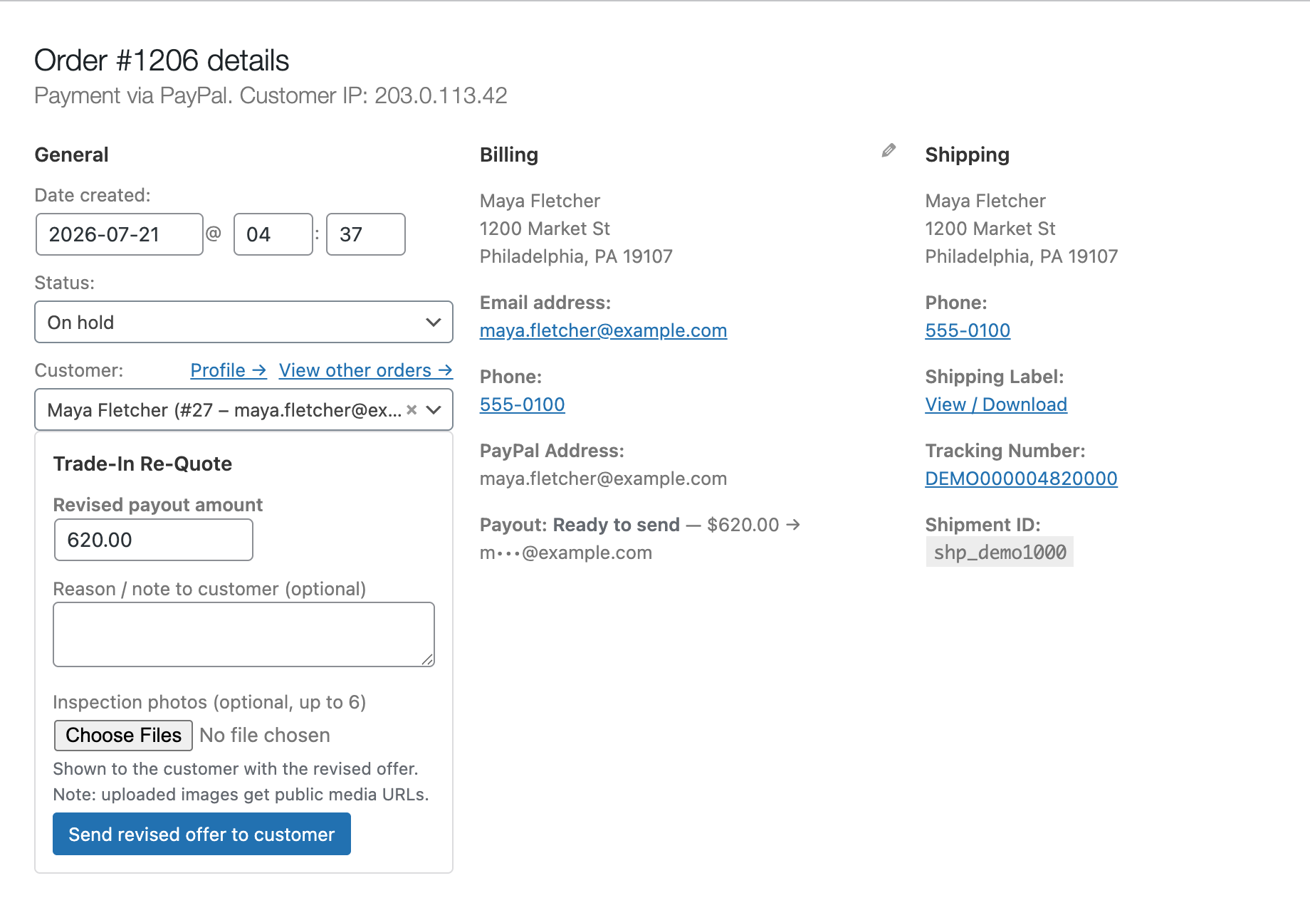 The order screen with the Trade-In Re-Quote panel, shipping label and tracking number