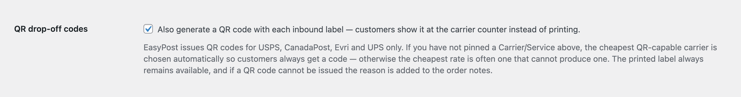 QR drop-off setting, letting customers drop a parcel without printing a label