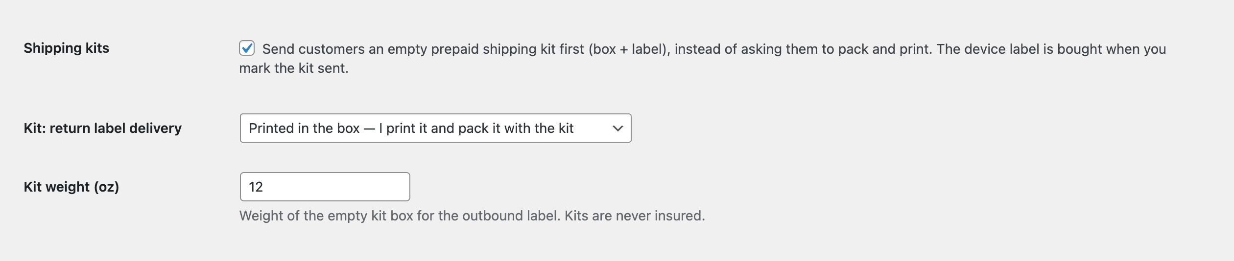 Shipping kit settings controlling the outbound box and how the return label is delivered