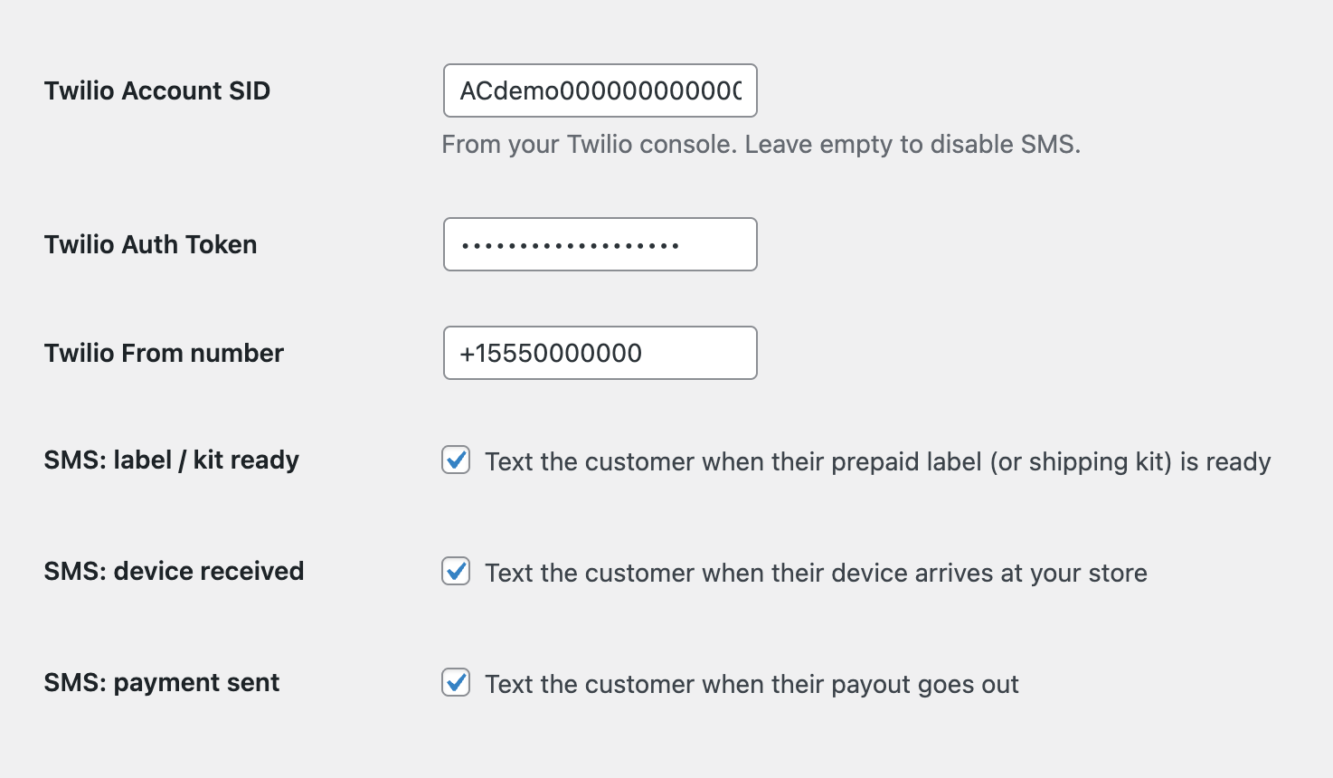 Twilio SMS notification settings for label ready, device received and payment sent