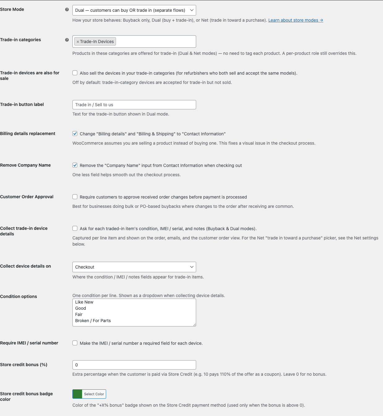Store Mode and Trade-in categories settings